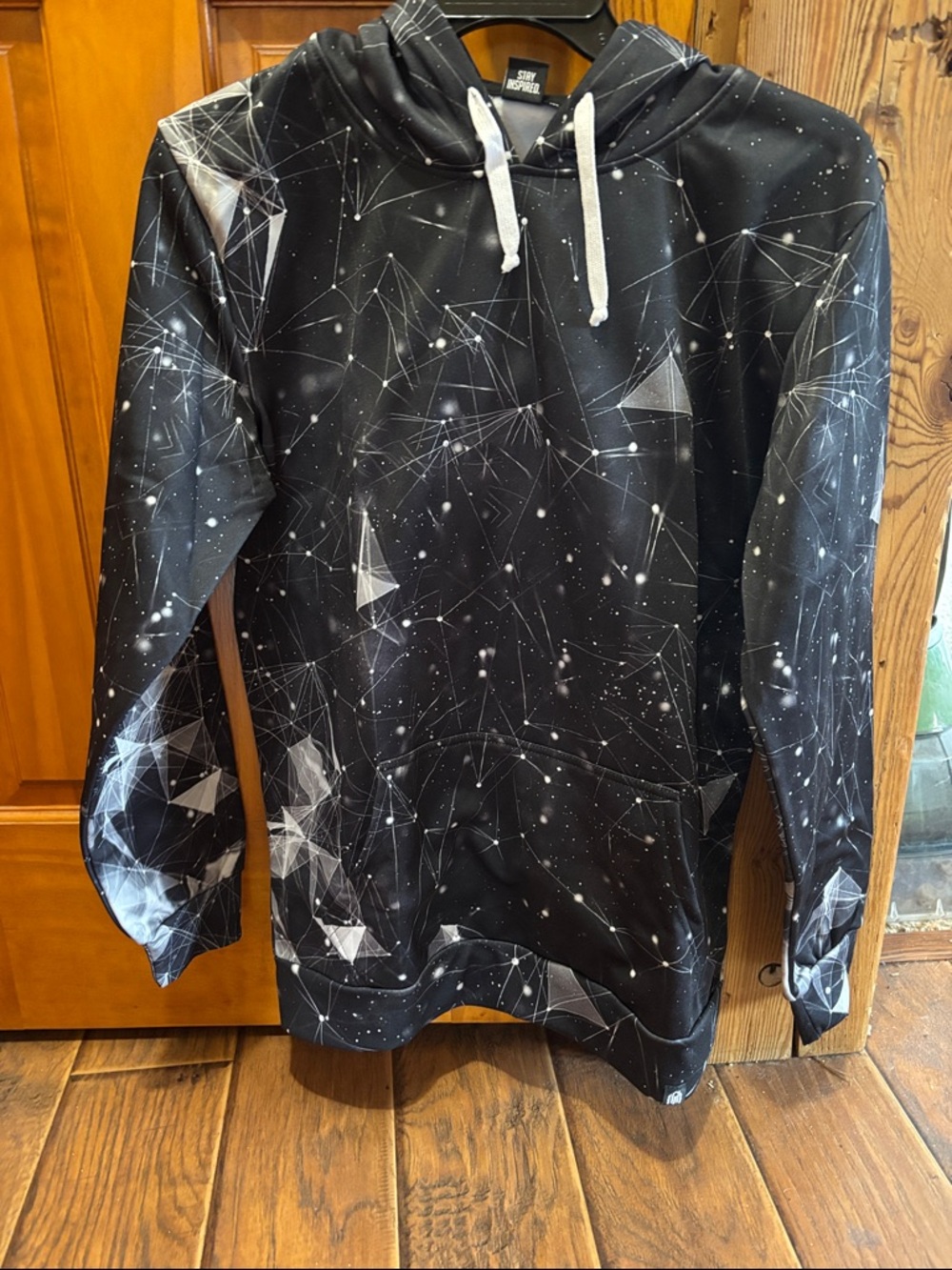 Black Geometric Galaxy Hoodie with White Drawstrings